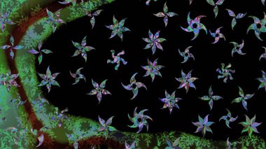 Kar tanelerinin soyut arkaplanlı Noel arkaplanı. Noel için tatil tasarımı, yeni yıl moda baskıları. Siyah ve yeşil kar taneleri. Güzel tasarım. Raster illüstrasyonu.