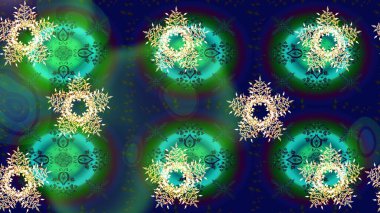 Renkli bir arka planda izole edilmiş güzel, mavi ve yeşil kar taneleri. Düşen Noel stili kar taneleri. İllüzyon. Kar taneleri, kar yağışı.