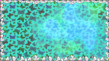 Mavi ve yeşil arka planda güzel renkli kelebekler. Çocuk için Raster Moda Kelebekleri duvar kağıdı. Çocuklar kelebeksiz desen.