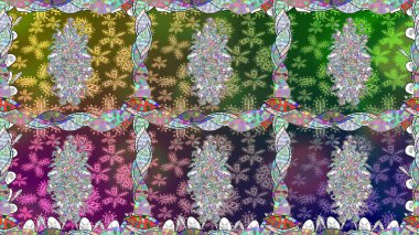 Renkli Bahar Temalı Kusursuz Arkaplan. Raster illüstrasyonu. Asya tekstil tarzında. Güzel kumaş deseni. Kusursuz çiçek deseni. Düz Çiçek Elementleri Tasarımı.