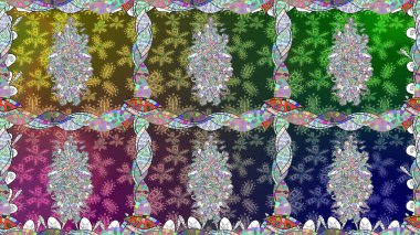 Renkli Bahar Temalı Kusursuz Arkaplan. Düz Çiçek Elementleri Tasarımı. Yeşil renkli çiçekler. Sevimli çiçek raster deseni.