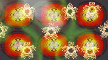 Raster illüstrasyonu. Renkli arka planda izole tatlı kar taneleri. Kar taneli yeşil ve kahverengi renkler.