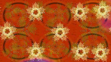 Raster illüstrasyonu. Renkler. Turuncu, kahverengi ve sarı kar taneleri. Kar tanelerinin soyut arkaplanı olan şirin bir Noel arkaplanı. Noel ve Yeni Yıl moda baskıları için tatil tasarımı.