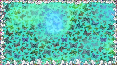 Kumaş, tekstil, baskı ve davetiye için arka plan. Kusursuz desen. Mavi ve yeşil renkte güzel renkli kelebekler. Raster illüstrasyonu.
