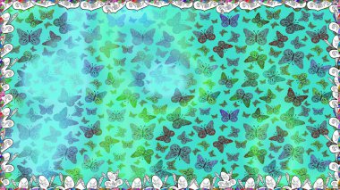 Mavi ve yeşil renkli resimler. Kumaş, tekstil, baskı ve davetiye için arka plan. Suluboya soyut parlak desenli kelebek kanatları, retro renkler.