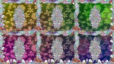 Parlak renkli çiçekleri ve yeşil renkli yaprakları olan kusursuz çiçek desenleri. Moda baskıları için zarif bir şablon. Modern çiçek arkaplanı. Halk stili.