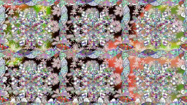 Raster illüstrasyonu. Kumaş, duvar kağıdı ve kağıt üzerine baskı yapmak için gelişen arka plan. Sevimli, pürüzsüz desenli, küçük çiçekli, klasik tarzda. Moda arka planında parlak buketler.