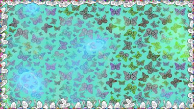 Kelebek mavi, yeşil ve nötr arkaplanda. Kusursuz. Raster illüstrasyonu. Davet, kart, yazdırma için basit kadınsı desen.