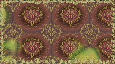 Renkli şal desenli, kahverengi çiçekli ve dekoratif elementli kusursuz desen. Kusursuz bir geçmişi var. Raster illüstrasyonu. Kumaş, tekstil, duvar kağıdı baskısı için. Antika retro tarzı.