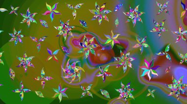 Yumuşak, yeşil renkli bahar çiçekleri. Çiçek ve yapraklı karalama şeklinde Raster çiçek deseni. Raster illüstrasyonu.