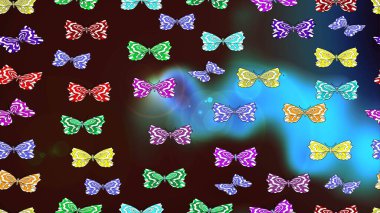 Raster. Kumaş ve ambalaj için uygun. Güzel renkli kelebekler kahverengi renklerde kaotik bir şekilde uçarlar. Uçan güvelerle çok renkli bir arka plan çiz. Parlak kelebeklerin özgeçmişini çiz.