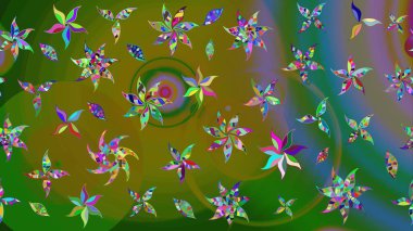 Yeşil renkli çiçekler. Hediye ambalaj kağıdı, tebrik kartları, posterler ve pankart tasarımı. Raster düz çiçek çizim deseni.