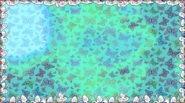 Raster illüstrasyonu. Kumaş, Tekstil, Baskı ve Davetiye için arka plan. Mavi ve yeşil arka planda kelebek olan kusursuz desen.