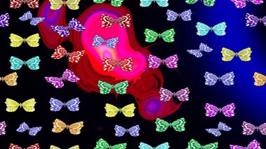 Raster illustration. Sketch background of colorful butterflies. Decor on black background for clothing design. clipart