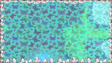 Paketleme, kağıt ve kumaş için uygun. Mavi, yeşil ve nötr arka planda renkli kelebekler. Kelebeklerle renklendirilmiş, pürüzsüz bir desen.