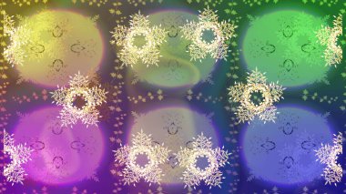 Mor, yeşil ve kar taneli nötr renkler. Renkli arka planda izole tatlı kar taneleri. Raster illüstrasyonu.