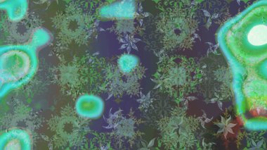 Yeşil renkli bitkilerden oluşan parlak çiçekli çizim deseni.