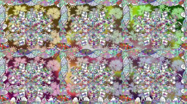 Düz Çiçek Elementleri Tasarımı. Renkli Bahar Temalı Kusursuz Arkaplan. Raster illüstrasyonunda kusursuz çiçek deseni. Süslü kumaş deseni.