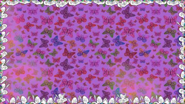 Fantezi çizimi. Raster illüstrasyonu. Pembe, mor ve mor renkli bir resim. Moda sevimli kumaş tasarımı. Kelebekli güzel moda deseni.