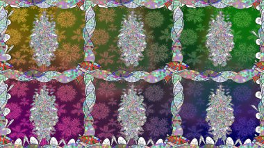 Kusursuz bir geçmişi var. Kumaş, tekstil, duvar kağıdı baskısı için. Eski usul. Raster illüstrasyonu. Renkli desenli kusursuz desen, yeşil çiçekler ve dekoratif elementler..