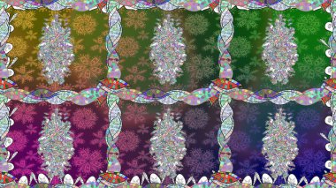 Kusursuz bir geçmişi var. Kumaş, tekstil, duvar kağıdı baskısı için. Eski usul. Raster illüstrasyonu. Renkli desenli kusursuz desen, yeşil çiçekler ve dekoratif elementler..