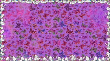 Soyut, pürüzsüz bir arkaplan. Raster Kelebekleri deseni. Mor ve mor renkli resimler tropikal kelebeklere eşlik eder. Duvar kağıtları, web sayfası arkaplanları, yüzey dokuları, tekstil için mükemmel..