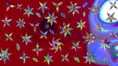 Suluboya elle çizilmiş çiçek desenli eskiz deseni. Parlak renkli fantezi çiçekleri, yapraklar, kırmızı renkli tomurcuklar..