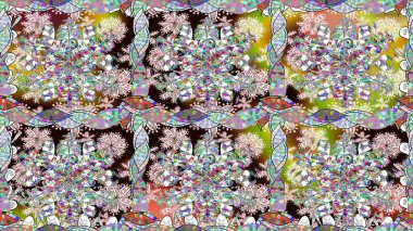 Kumaş, tekstil, duvar kağıdı baskısı için. Tomurcukları çiçek olan sevimli bir çiçek deseni. Raster illüstrasyonu. Kusursuz bir geçmişi var. Eski usul. Raster..