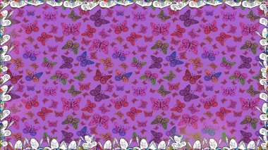 Kumaş, kağıt, ambalaj kâğıdı ve duvar kağıdı tasarımı için harika bir arka plan. Egzotik hayvanlar. Mor ve mor kelebekler. Kusursuz. Raster illüstrasyonu.
