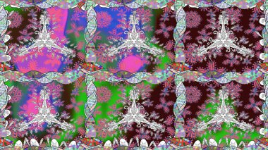 Çiçeklerle suluboya desenli çiçek deseni. Raster illüstrasyonu. Kahverengi renkli Asyalı tekstil.