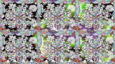 Şirin çiçekli kusursuz desen ve nötr renklerde yapraklar, suluboya çiçekli desen, duvar kağıdı, kart veya kumaş için fayanslı. Raster illüstrasyonu.