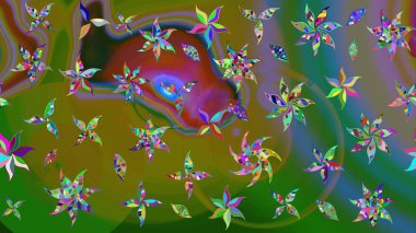 Küçük çiçekteki sevimli çiçek deseni. Bir sürü yeşil ve soyut çiçekli tropik eskiz deseni. Varicologreen Raster çizimi.