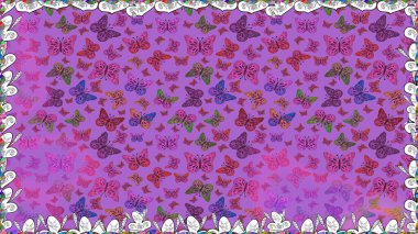 Sırtın için parlak bir dövme. Kelebek tasviri. Tropik gerçekçi kelebek. Menekşe, mor ve pembe arka planda güzel renkli kelebekler. Raster..