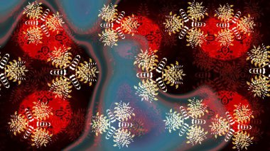 Siyah ve kırmızı kar taneleri. Kar tanelerinin soyut arkaplanlı Noel şablonu. Noel ve yeni yıl moda baskıları için tatil tasarımı. Raster illüstrasyonu.