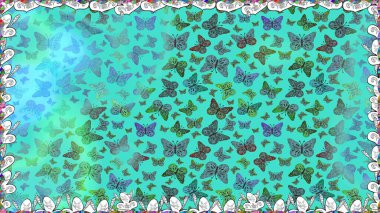 Raster illüstrasyonu. Dekoratif el çizimi kelebekler. Mavi ve yeşil renkli resim. Güzel kumaş tasarımı..