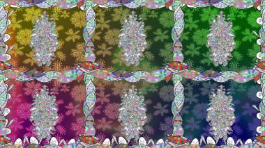 Çiçeksel elementlerle süslenmiş zarif raster dokusu. Yeşil renkler ve parlak çiçekler üzerinde soyut, pürüzsüz desen. Küçük çiçekte şirin bir çiçek deseni var..