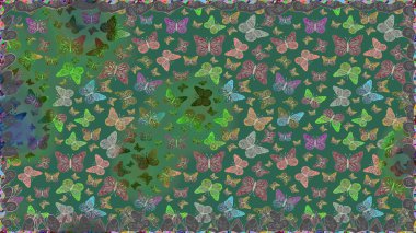 Klasik tarzda hem de. Raster illüstrasyonu. Çocuk için bahar paleti olan güzel raster kelebeği. Mavi arkaplanda suluboya kelebekler.