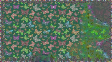 Fantezi sevimli illüstrasyon. Raster illüstrasyonu. Erkekler, kızlar, elbiseler, duvar kağıtları için soyut, pürüzsüz desen. Mavi arka plandaki suluboya kelebeklerin.