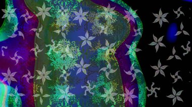 Çiçekli ipek eşarp. El çizimi çiçek unsurları olan soyut çizim raster deseni. 1950-1960 motifleri. Retro tekstil tasarım koleksiyonu. Yeşil yeşile.