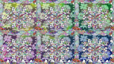 Moda baskıları için zarif bir şablon. Modern çiçek arkaplanı. Rengarenk çiçekleri ve doğal renklerde yaprakları olan harika, pürüzsüz çiçek deseni. Halk stili.