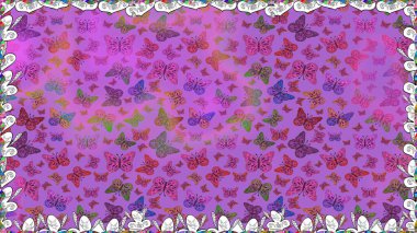 Klasik tarzda hem de. Menekşe rengi ve mor renkli bir resim. Elin kusursuz deseni suluboya desenli siluet kelebekleri. Raster illüstrasyonu.