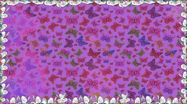 Mor renkli resimler. Kitap sayfaları için çiçek ormanlarında uçan güzel kelebekler. Raster illüstrasyonu. Fantezi güzel illüstrasyon. Kusursuz renk çizimi deseni.