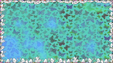 Bahar Kelebeği teması. Çizim, karalama, karalama. Sonsuz. Giysi kumaşı için böcek dokusu parçası tekrarlanıyor. Raster illüstrasyonu. Yeşilde, kusursuz kelebek örtüsü var..