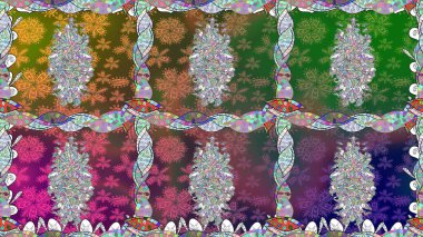 Yaz çiçekleri teması. Yeşil renkler. El çizimi, soyut ve süslü elementler. Suluboya resim taklit Raster çizimi. Klasik çiçekler..