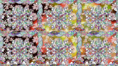 Raster illüstrasyonu. Tarafsız renklerde bahar çiçekleri. Çiçek ve yapraklı karalama şeklinde Raster çiçek deseni.