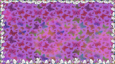 Çocuk için Raster Moda Kelebekleri duvar kağıdı. Pembe, mor ve mor arka planda güzel renkli kelebekler. Çocuklar kelebeksiz desen.