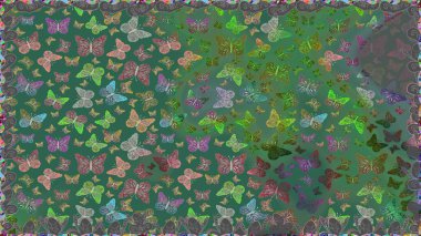 Kumaş, kağıt, ambalaj kâğıdı ve duvar kağıdı tasarımı için hoş bir arka plan. Yeşil arka planda kelebek deseni var. Raster illüstrasyonu.