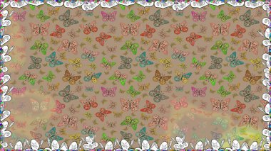 Giysi tasarımı için bej ve nötr arkaplan üzerine dekorasyon. Renkli kelebeklerin kusursuz arka planı. Raster illüstrasyonu.