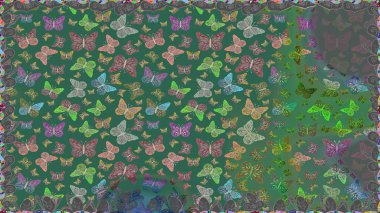 Çizim, karalama, karalama. Bahar Kelebeği teması. Mavinin üzerinde güzel, pürüzsüz bir kelebek örtüsü var. Raster illüstrasyonu. Sonsuz. Giysi kumaşı için böcek kumaşı parçası tekrarlanıyor.