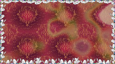 Kusursuz bir geçmişi var. Raster illüstrasyonu. Renkli şal desenli, kırmızı çiçekli ve dekoratif elementli kusursuz desen. Eski usul. Kumaş, tekstil ve duvar kağıdı baskısı için..